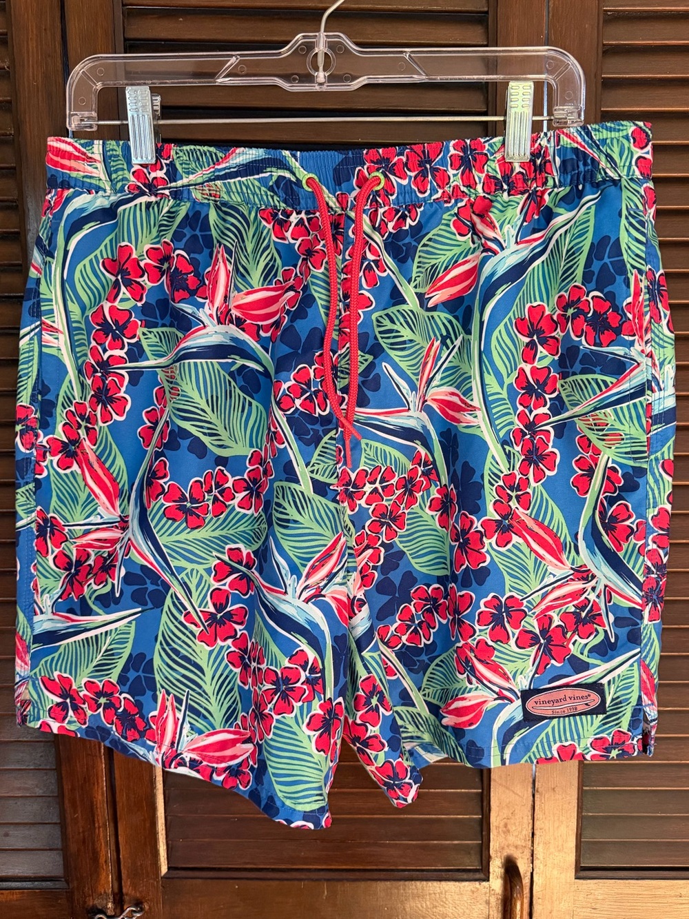 Vineyard Vines Blue Tropical Floral Swim Shorts with Pink & Green